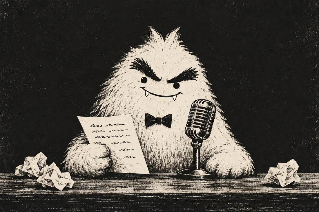 A shaggy, slightly sinister yeti taking his pirate radio broadcast very seriously.
